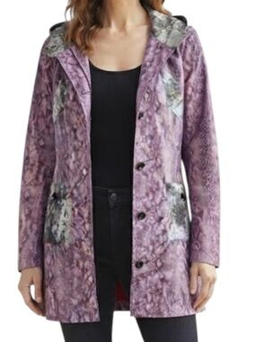 CUSTO BARCELONA Purple Animal Print Waterproof Hooded Trench Jacket M